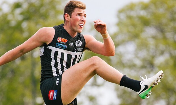 SANFL 2017 Round 17 - Port Adelaide v Norwood ADELAIDE, AUSTRALIA - AUGUST 20: Brett Eddy of the Magpies celebrates a goal during the 2017 SANFL round 17 match between the Port Adelaide Magpies and the Norwood Redlegs at Alberton Oval on August 20, 2017 in Adelaide, Australia. (Photo by James Elsby/AFL Media)
